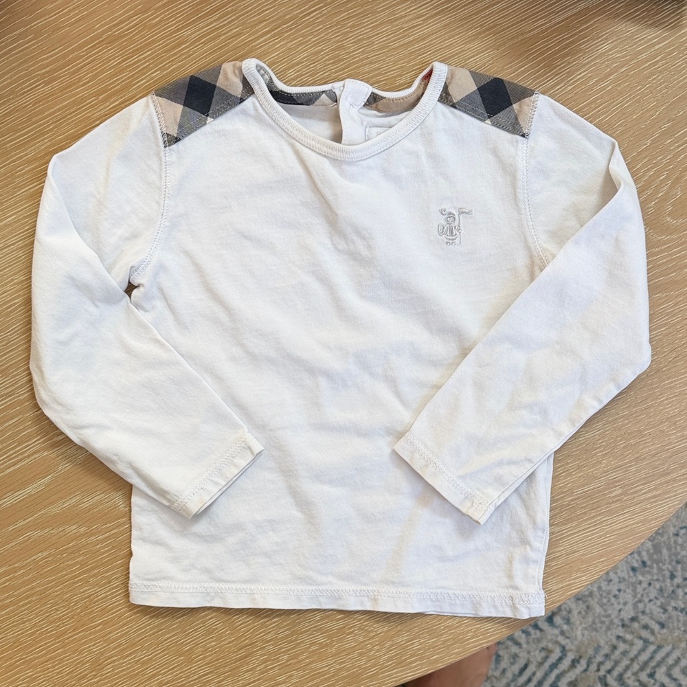 Burberry White Long-Sleeve Kids Top with Plaid Shoulder Detail